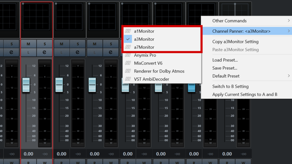 Channel Panner menu for Nuendo Ambisonics decoder