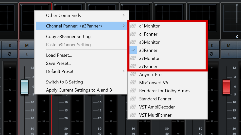 Channel Panner menu for Nuendo Ambisonics panner